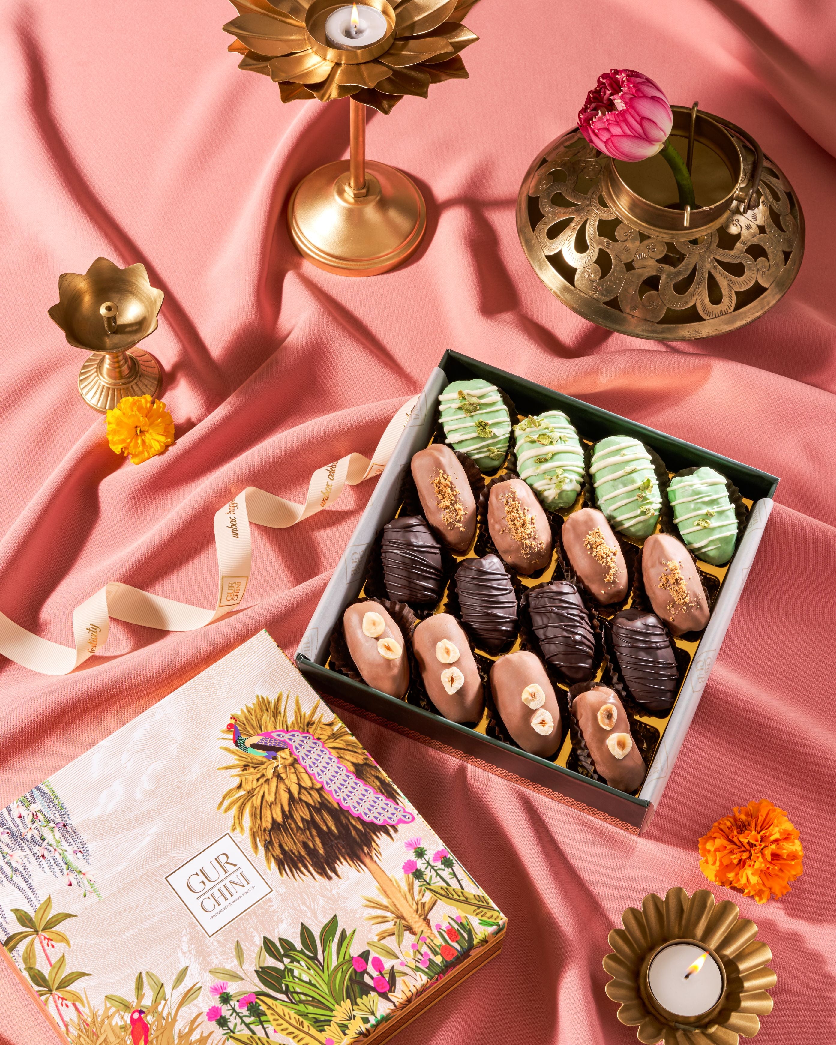 Green Bird Box of 16 pcs Assorted Stuffed Chocolate Dates