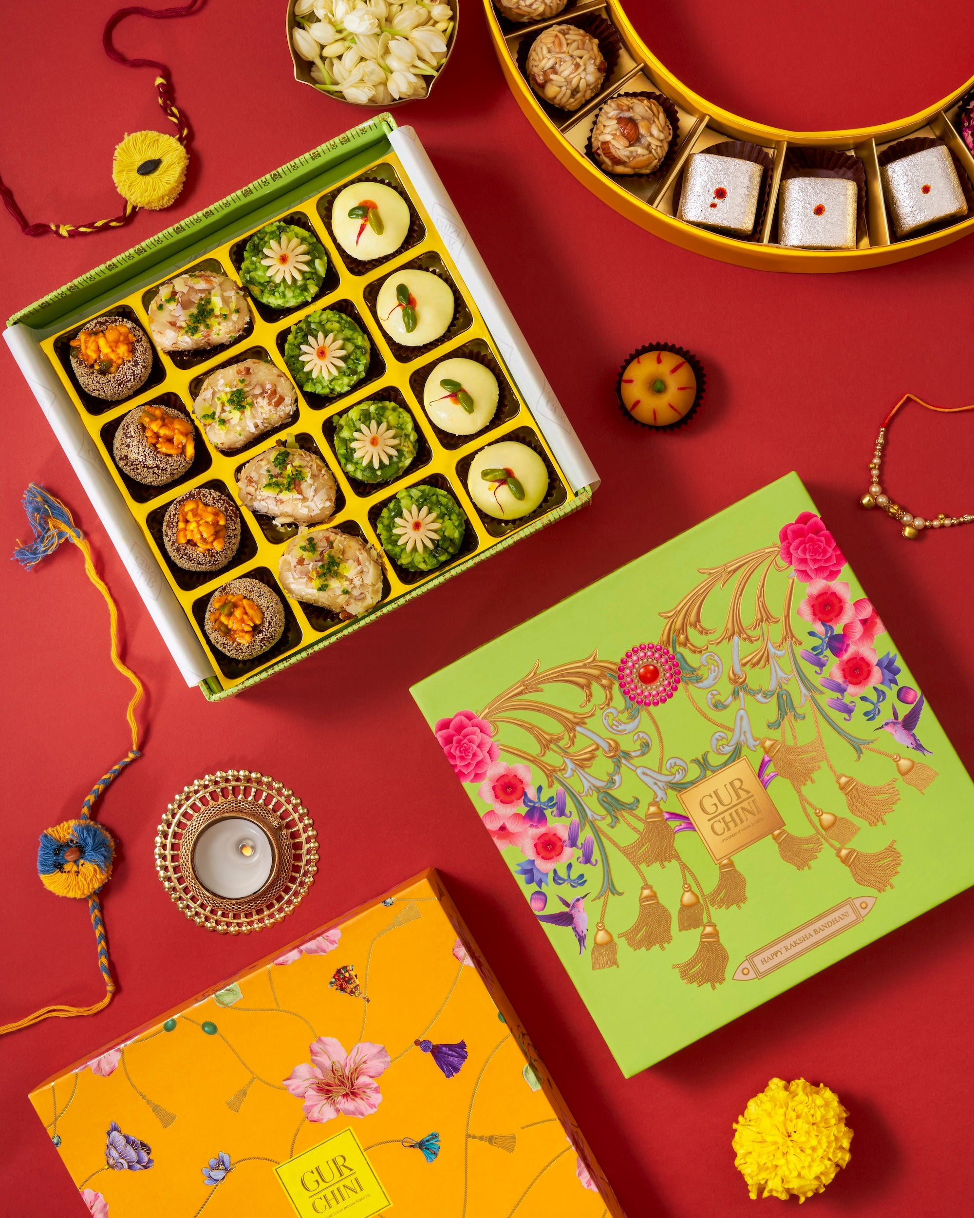 Rakhi Celebration Luxury Green Box With Assorted Sweets of 16 Pcs