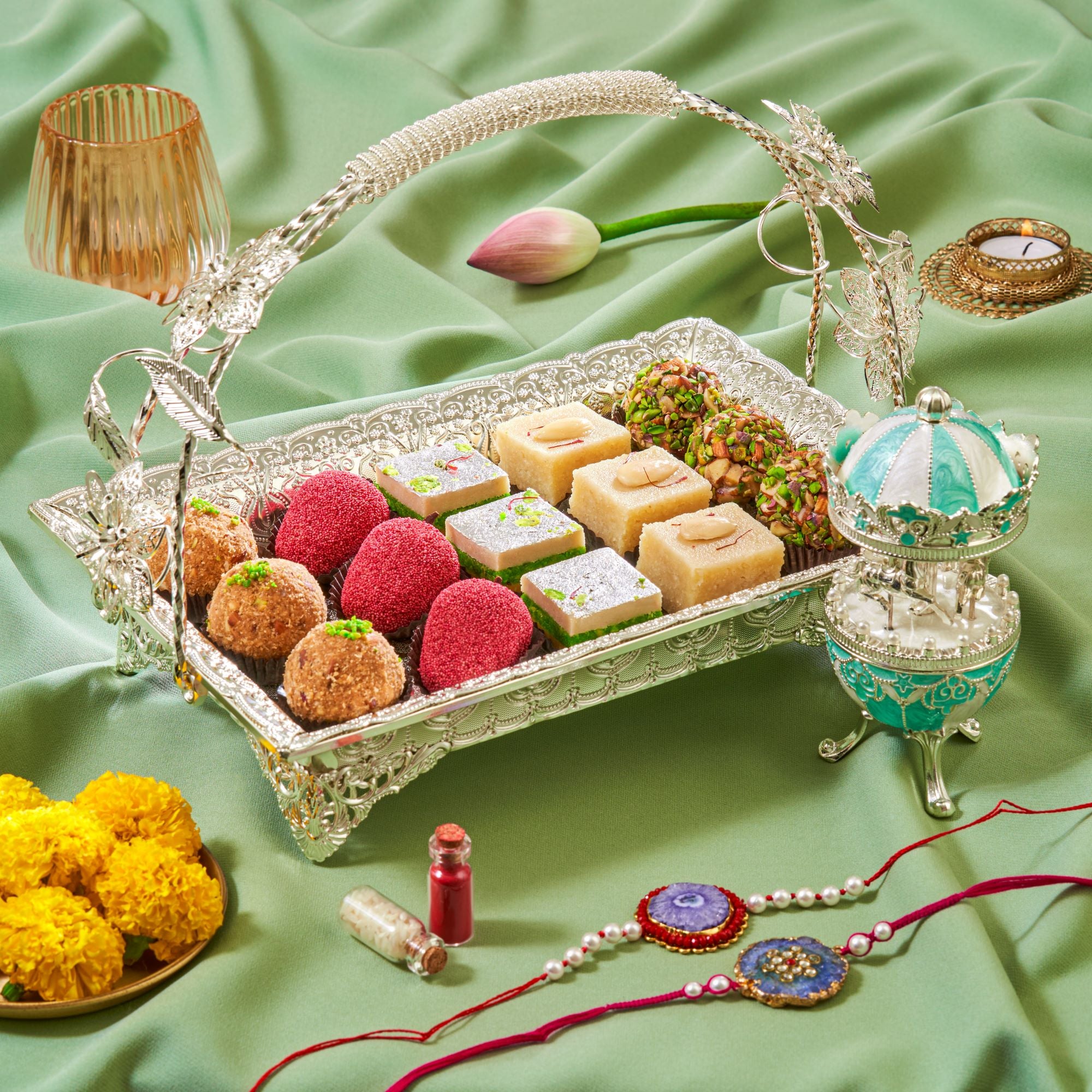 LUXURY SILVER BASKET WITH SWEETS SET OF RAKHI & LUMBA