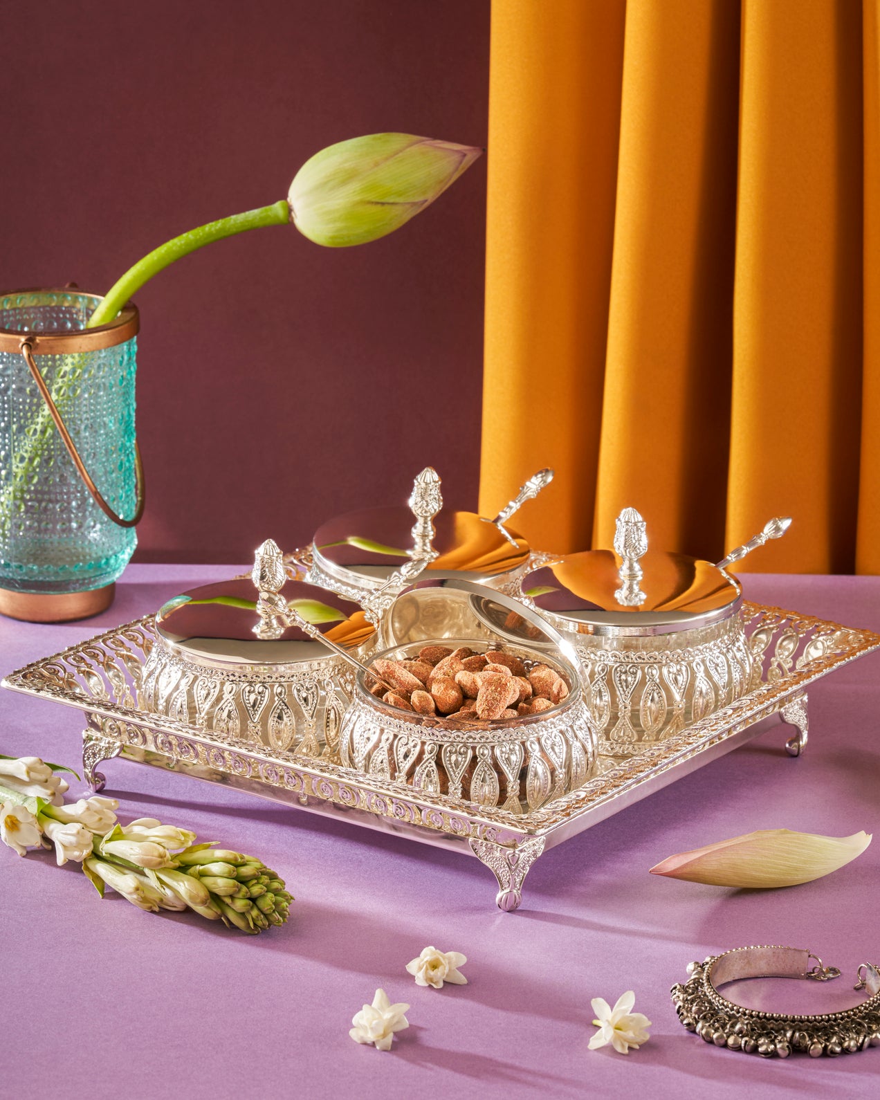 LUXURY SLIVER TRAY SET OF 4 BOWLS FILLED WITH DRY FRUITS