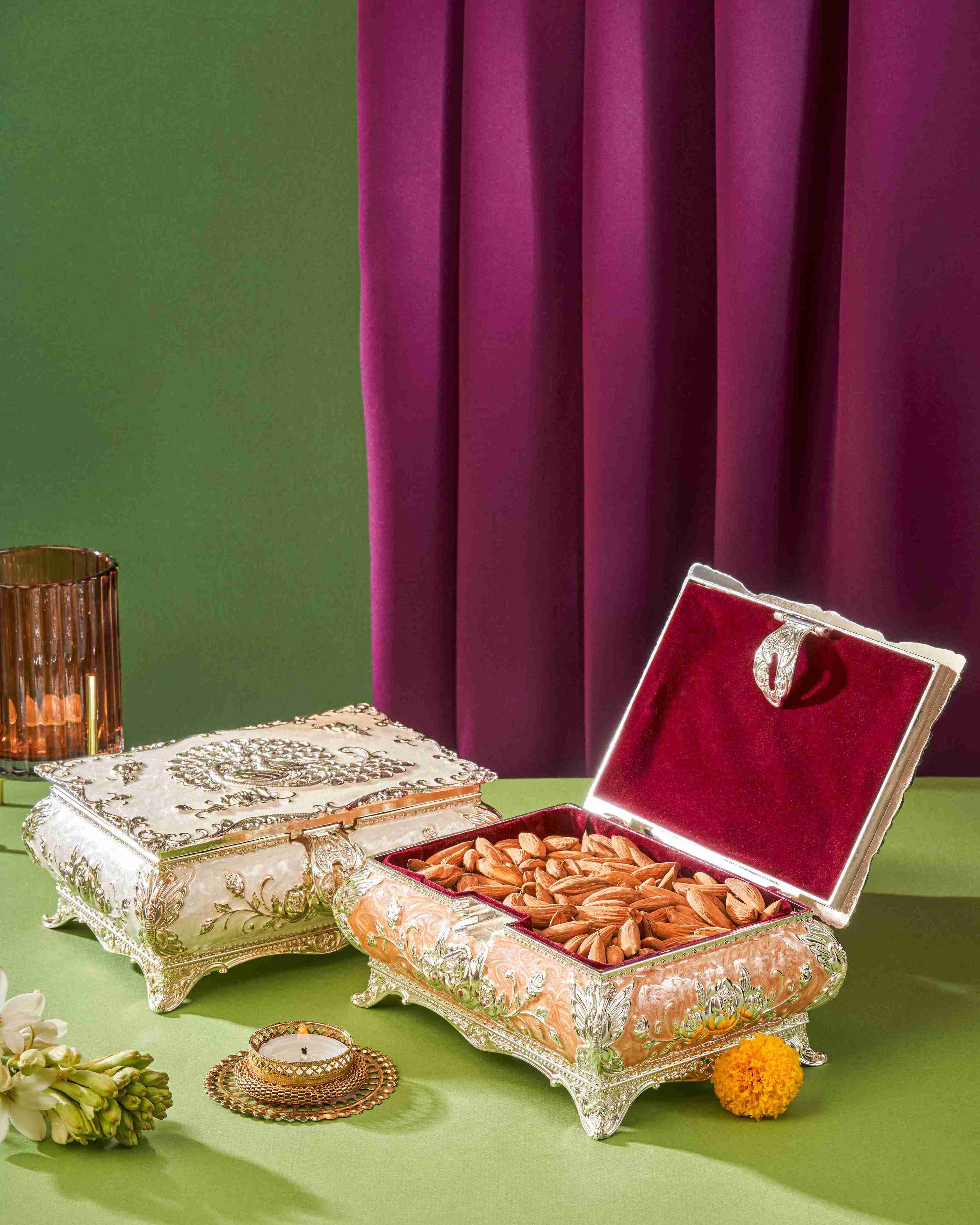 LUXURY HANDCRAFTED PEACOCK BOX WITH MAMRA BADAM.