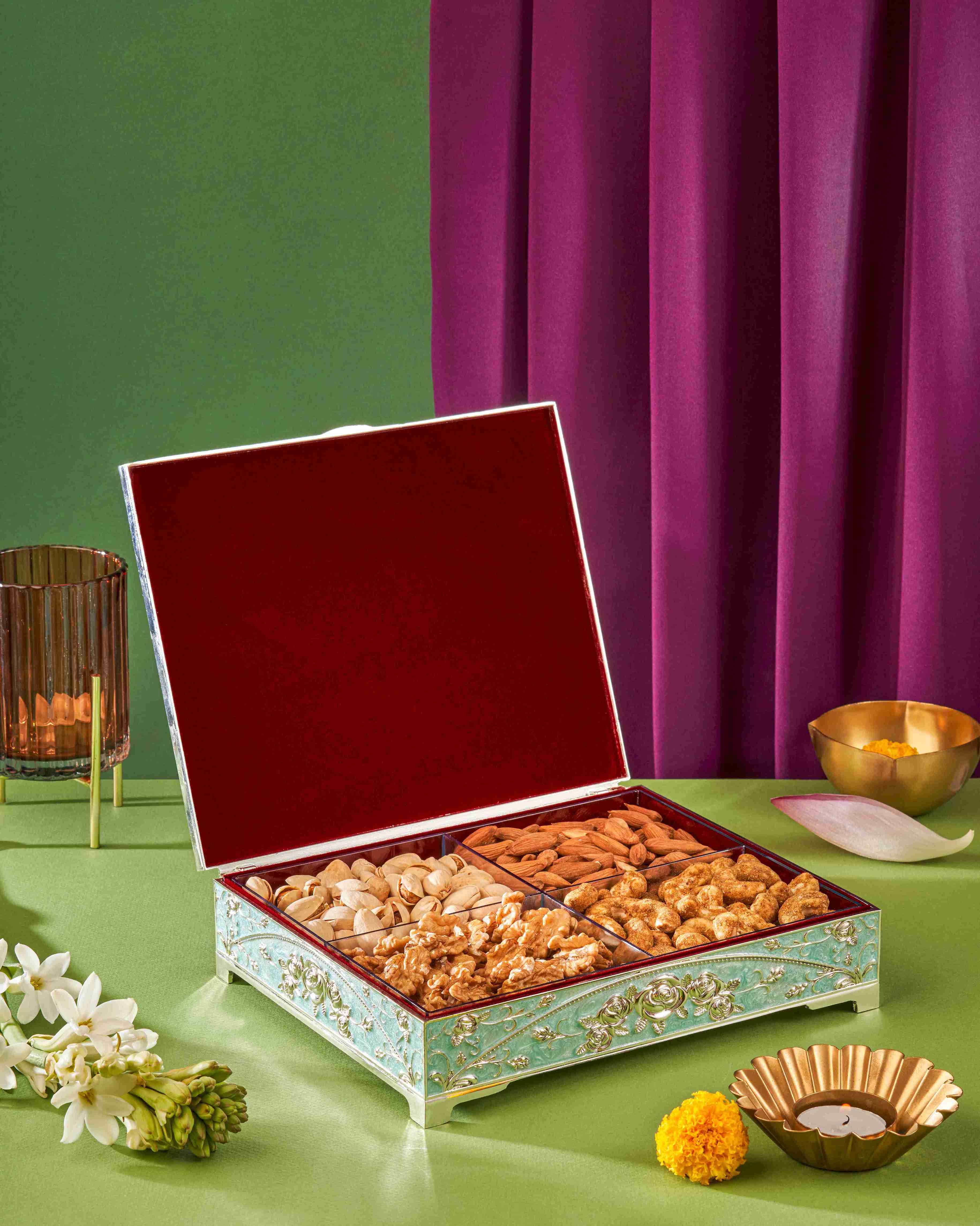 LUXURY PEACOCK 4 COLOUM BOX WITH DRY FRUITS.