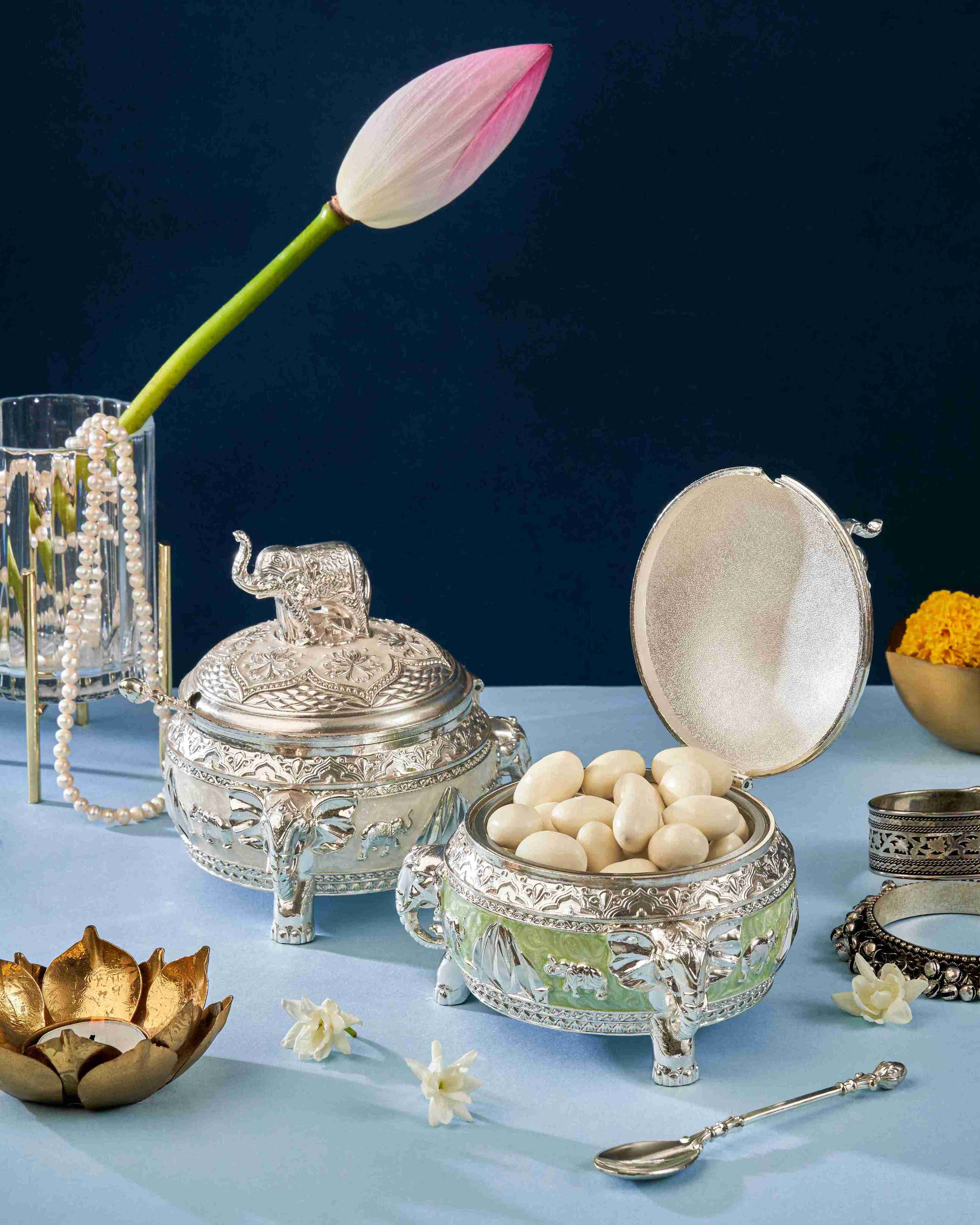 LUXURY SILVERWARE , HANDCRAFTED SILVER ELEPHANT BOWL WITH SPOON.