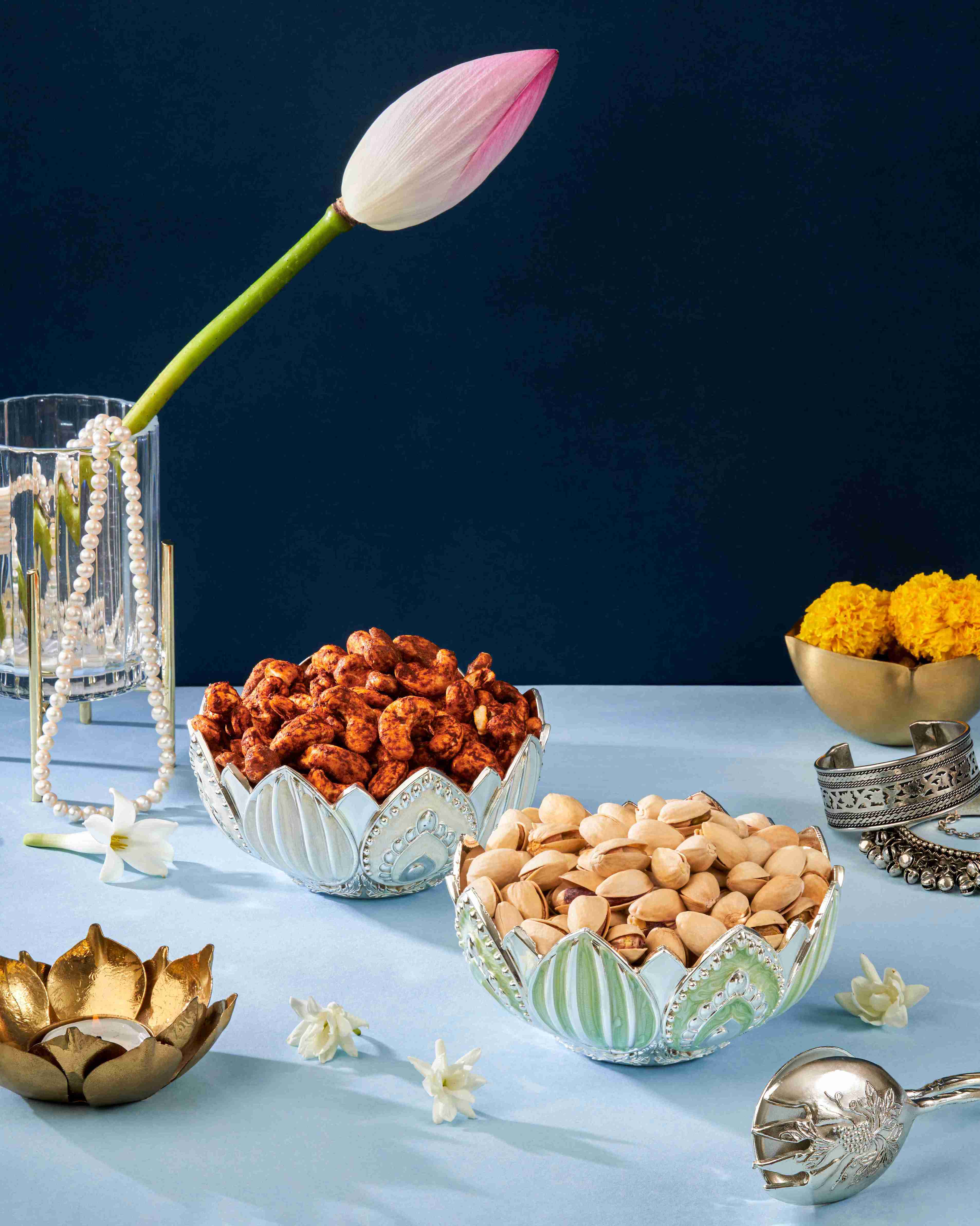 LUXURY LOTUS SILVER PLATED BOWL WITH DRY FRUITS.