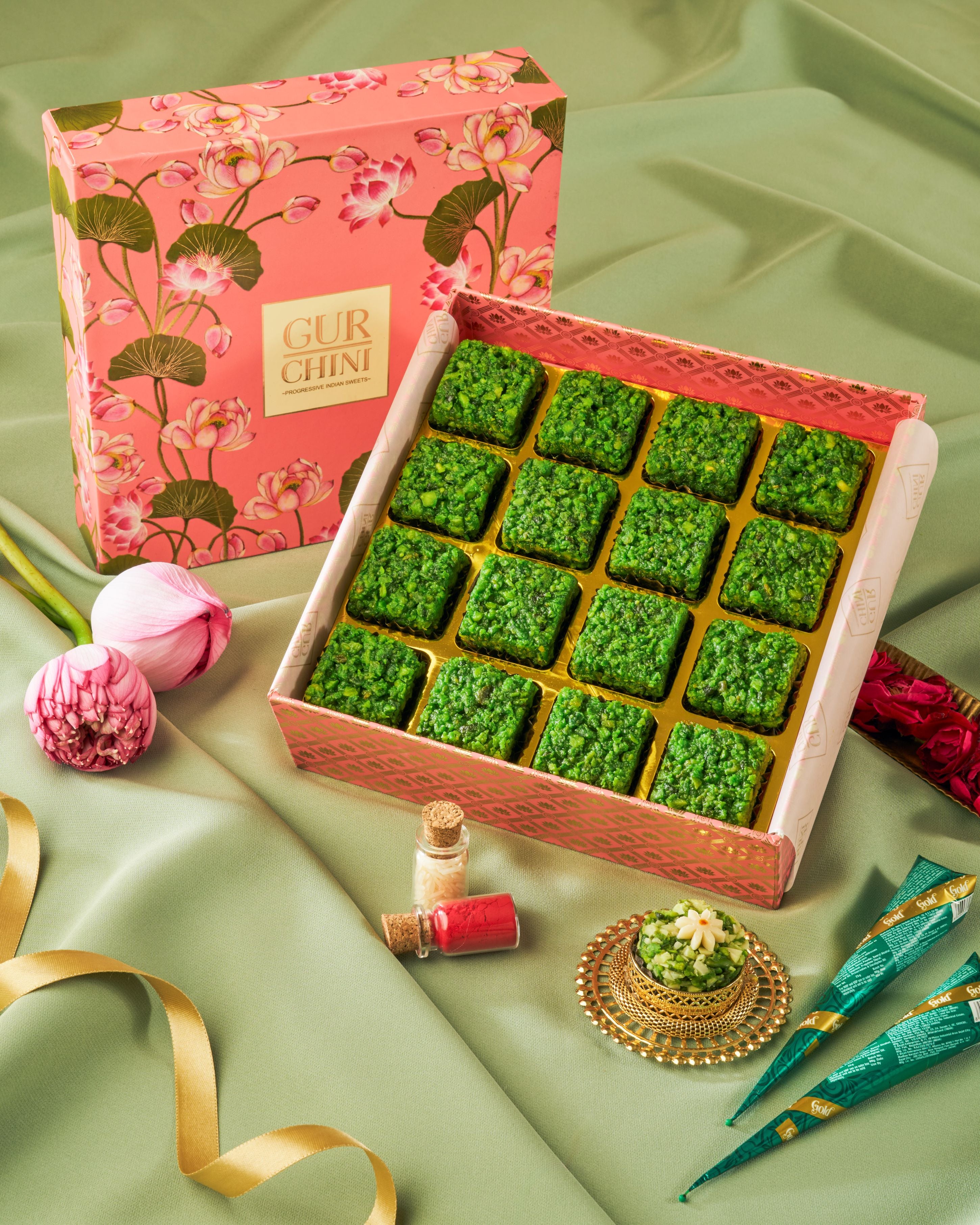 Luxury Pichwai Lotus Box of 16 Pcs with Pista Lauj