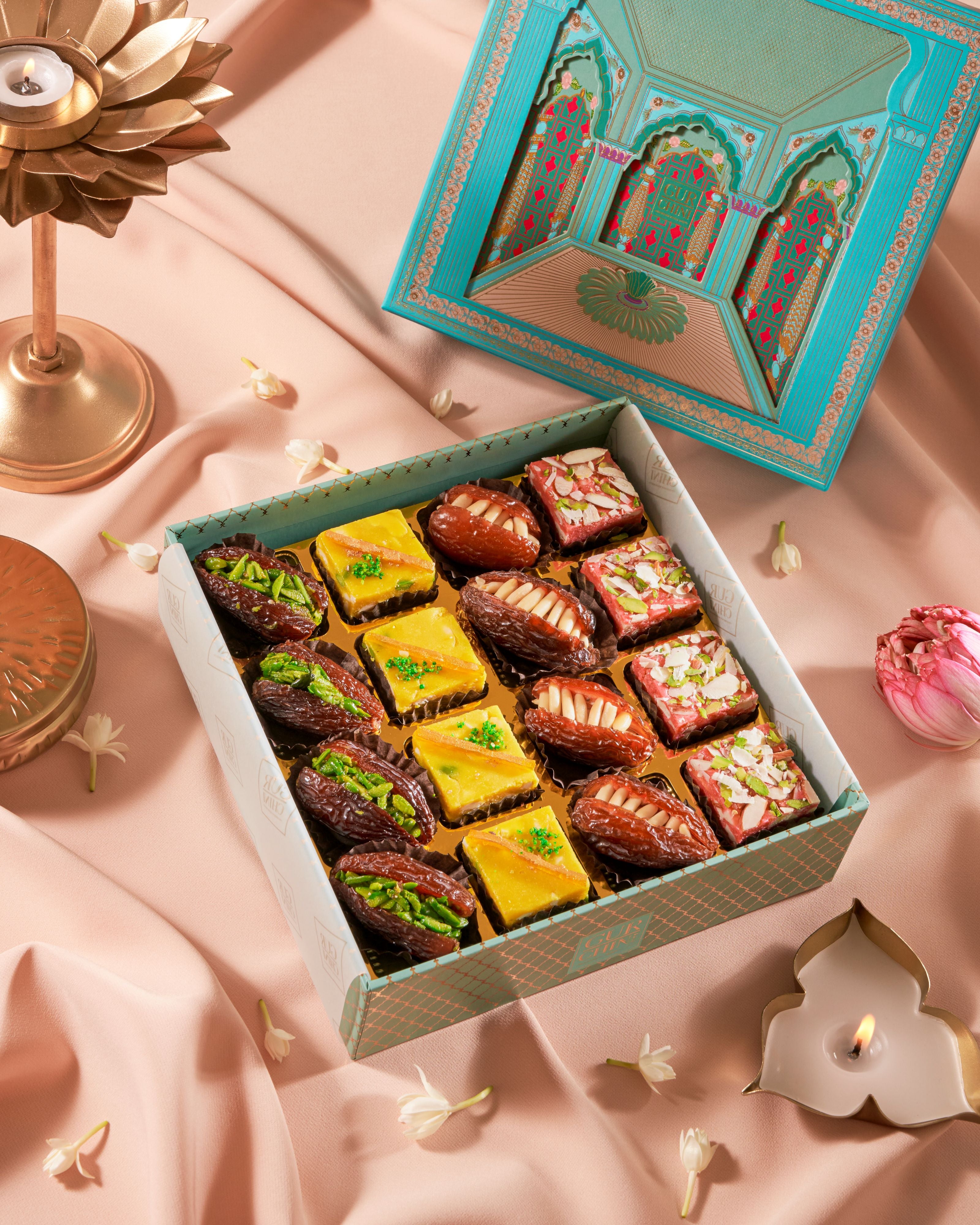 Luxury Mewar Theme Blue Box of 16 pcs Dryfruits Stuffed Dates & Sweets