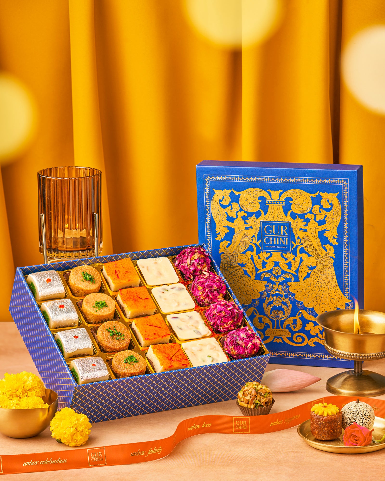 Diwali Special Luxury Collection by Gurchini of Assorted Sweets Blue Box of 20.