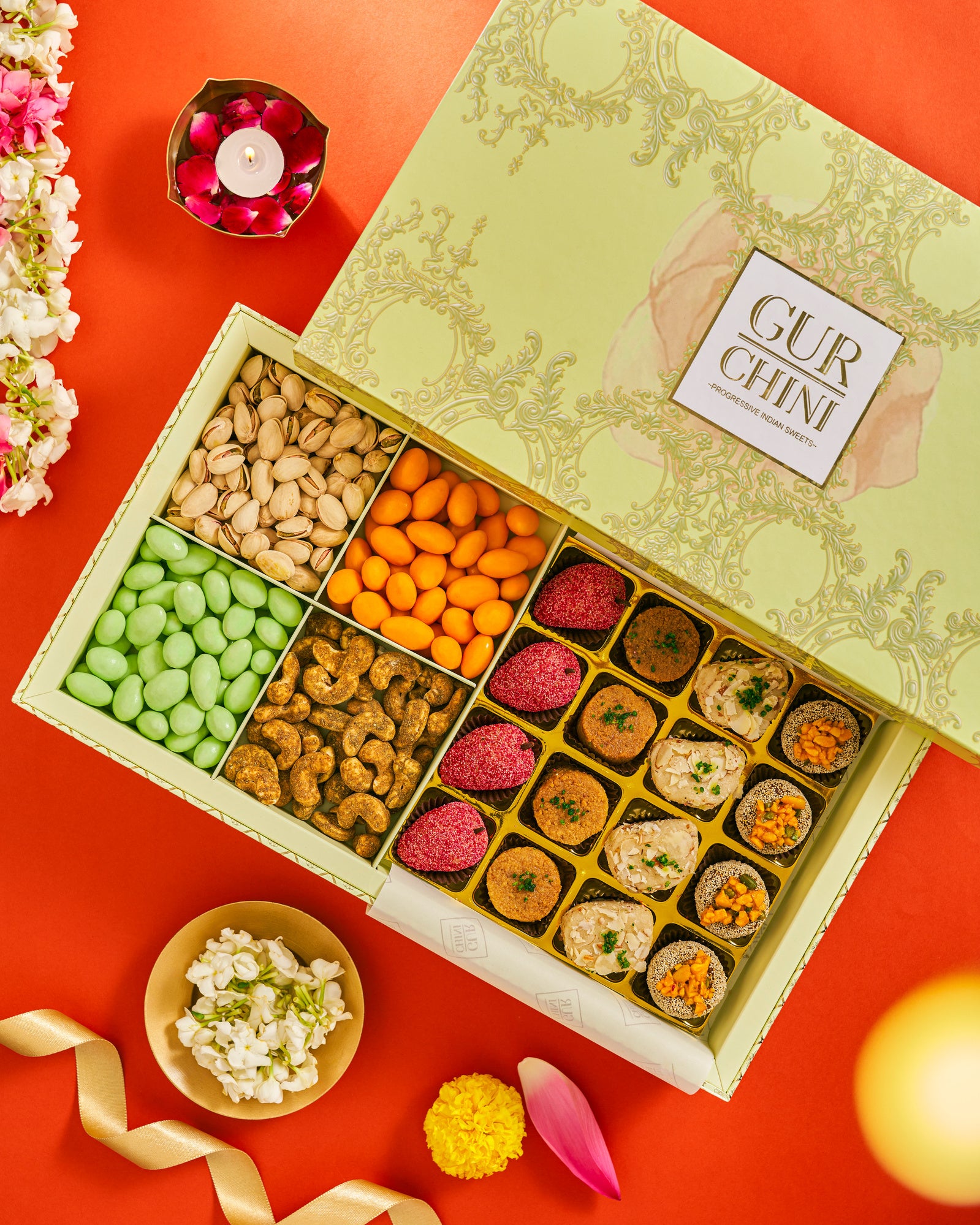 Diwali Special Luxury Cream Hamper of Assorted 16 Pcs Sweets along with Variety of Special Dry Fruits.