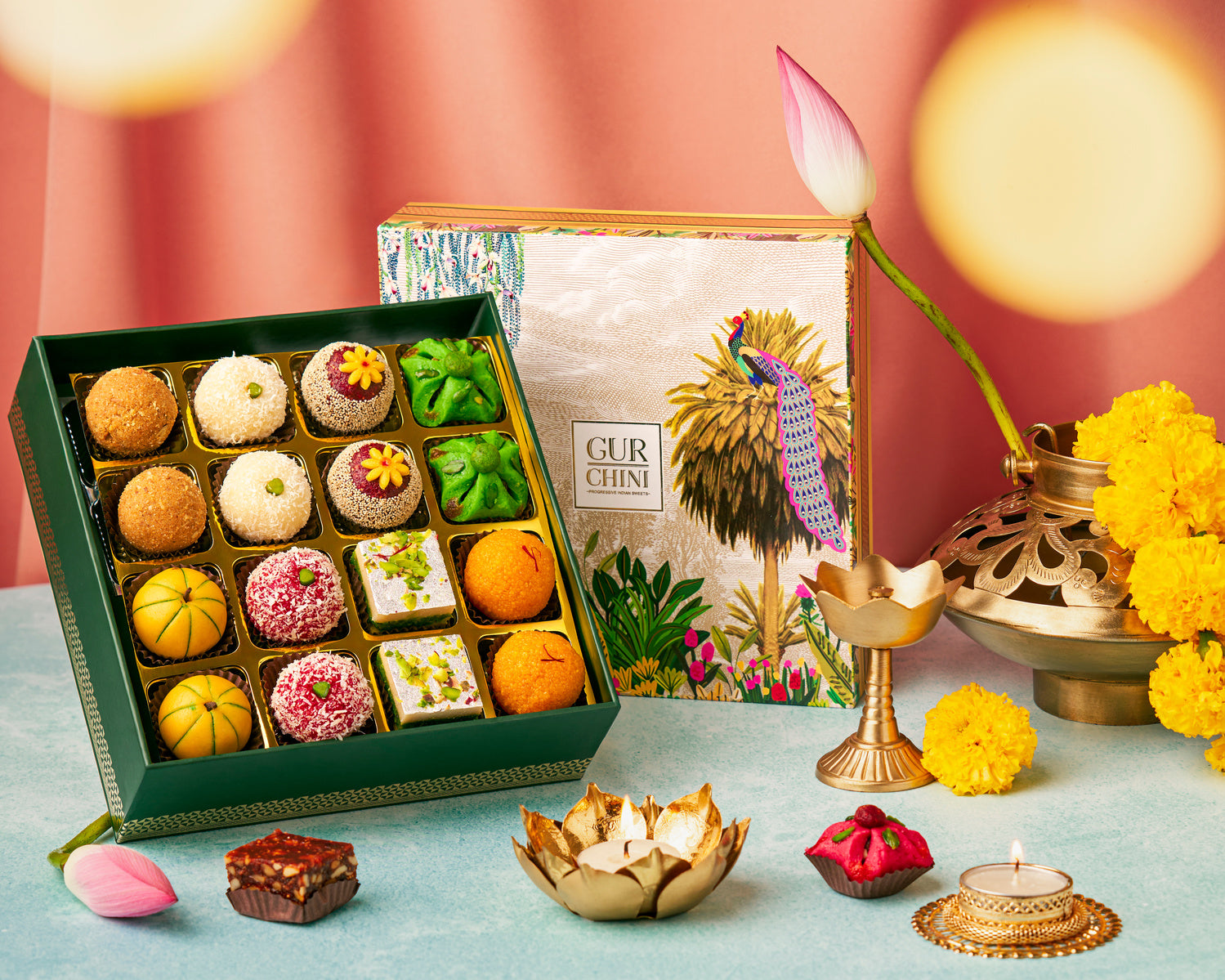 Diwali Special Luxury Green Bird Box of Assorted 16 Pcs Sweets.