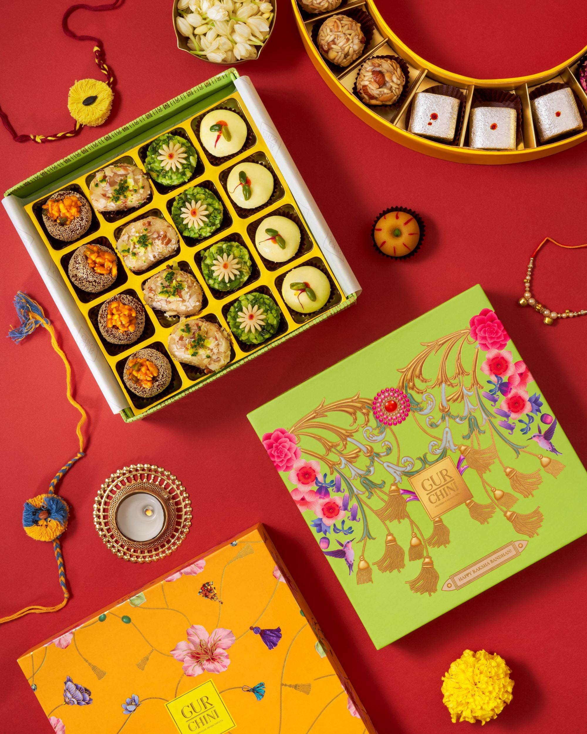 Rakhi Celebration Luxury Green Box With Assorted Sweets of 16 Pcs