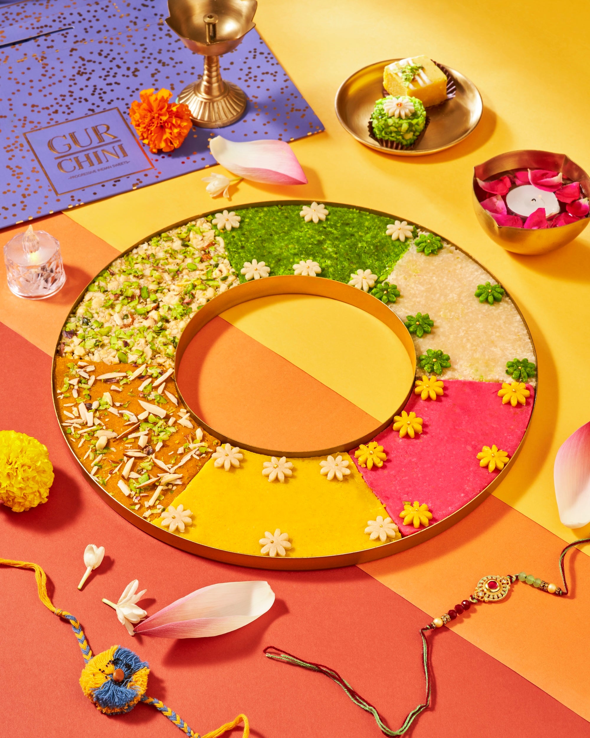 Gurchini Special Rakhi Celebratations  Luxury Round Plater with 6 Variety of Dry Fruits Sweets Cake