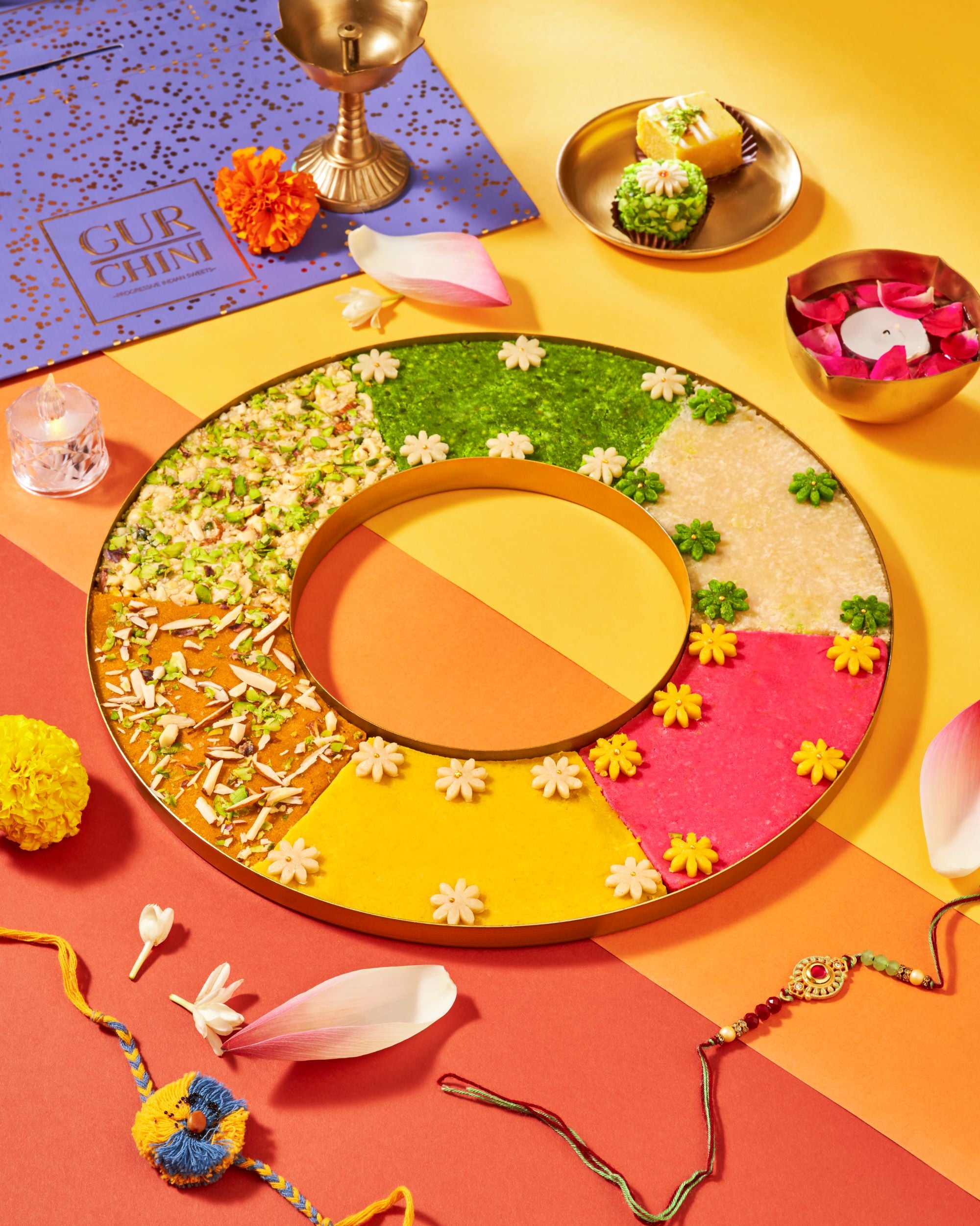Gurchini Special Rakhi Celebrations  Luxury Round Plater with 6 Variety of Dry Fruits Sweets Cake