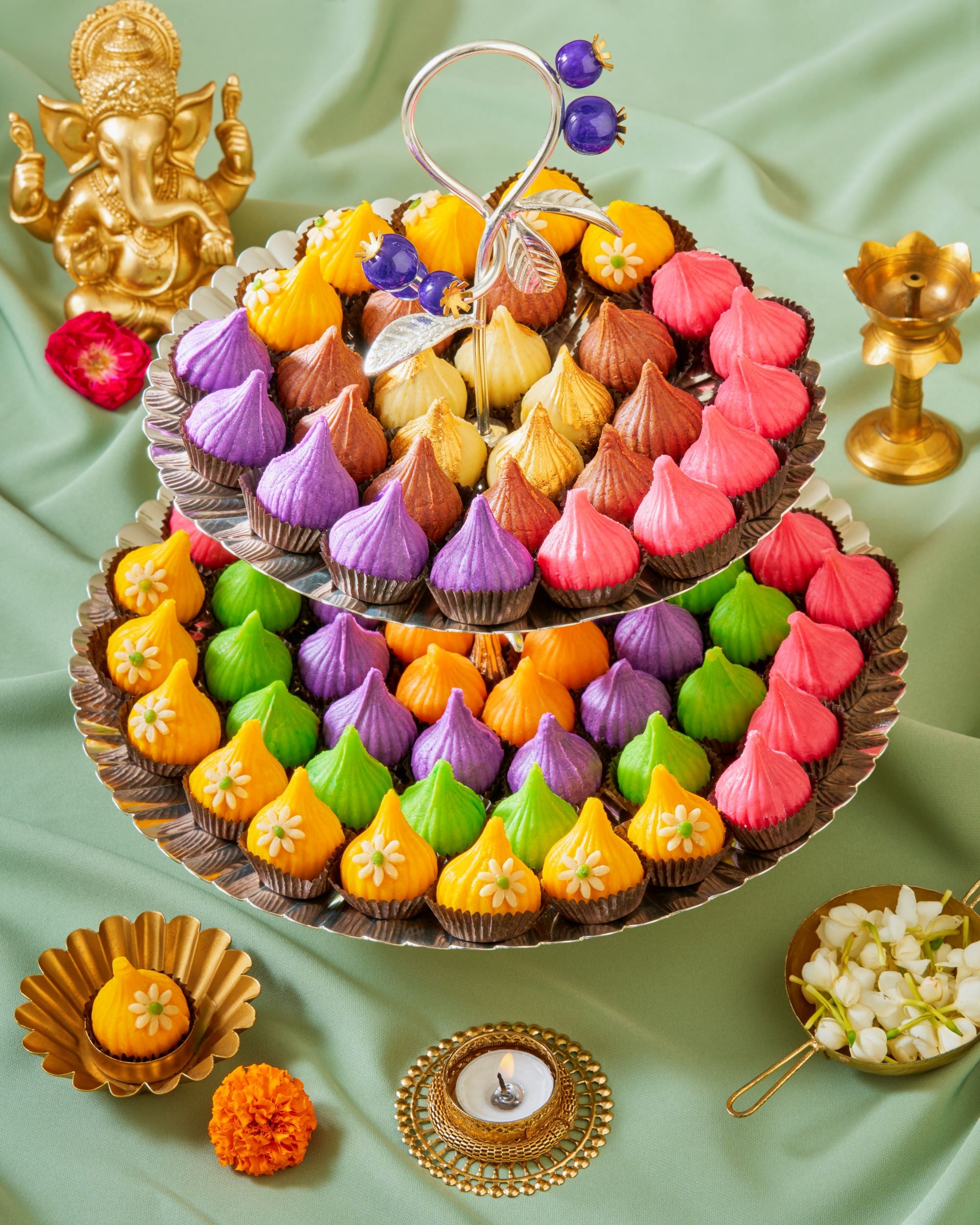 Ganesh Chaturthi Special Luxury Silver  Plated 2 Tier Stand Blue Berry Fill With Modak