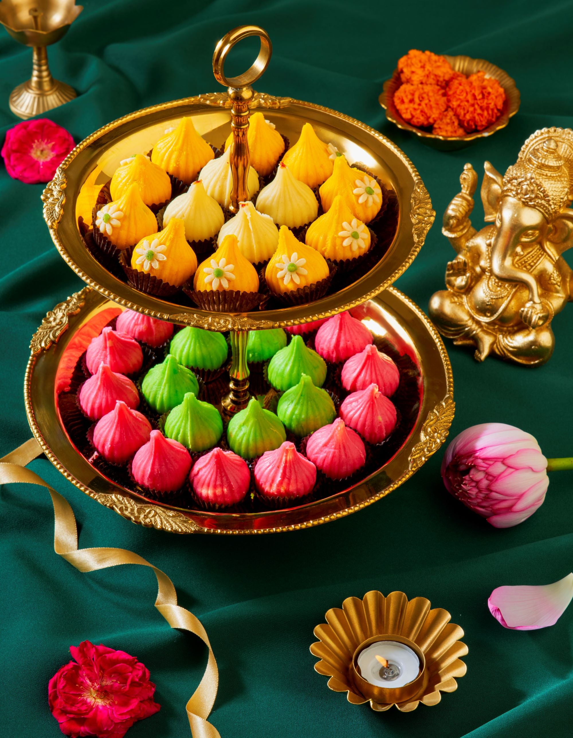 Ganesh Chaturthi Special Luxury Gold Plated 2 Tier Stand Fill With Modak