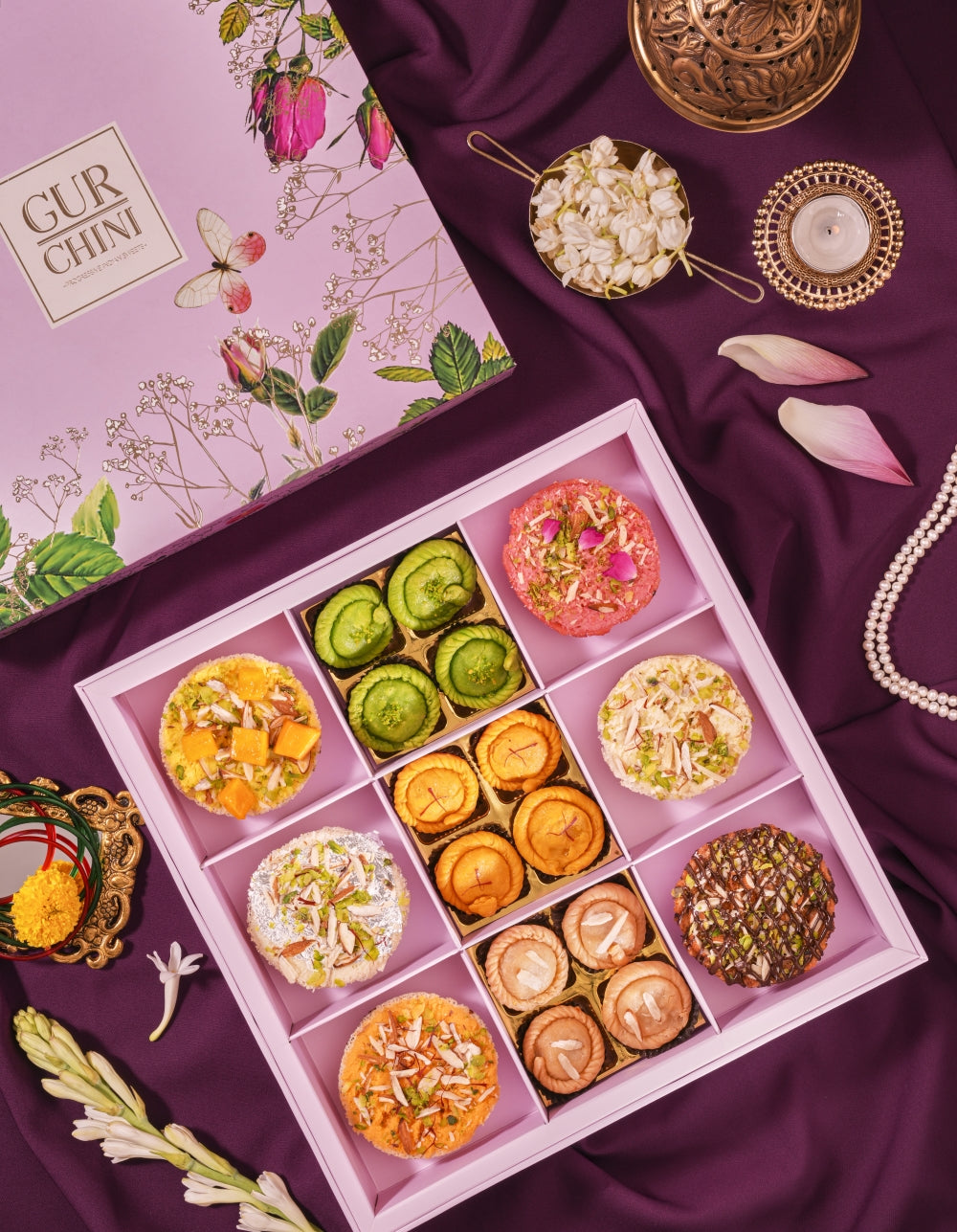 Luxury Box Pink Flower of Ghewar & Gunjiya