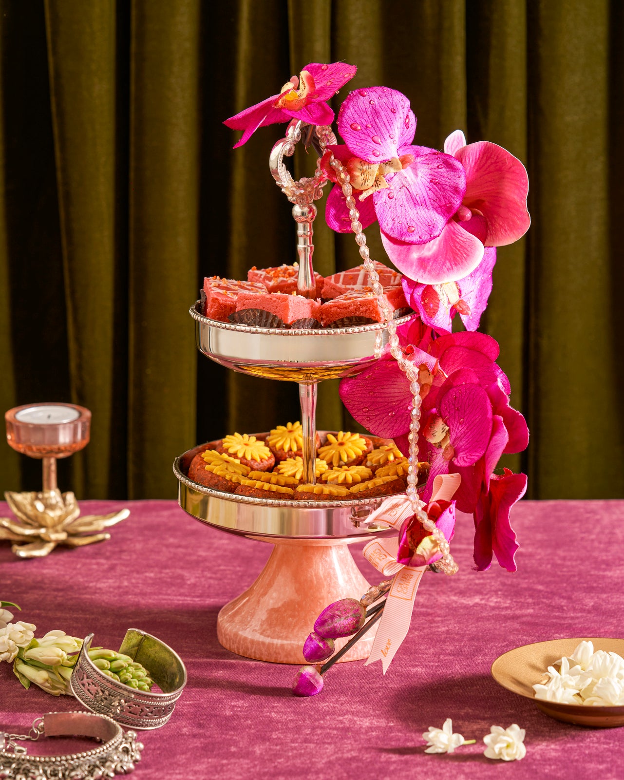 LUXURY CORAL BLOSSOM 2 TIER STAND FILL WITH SWEETS