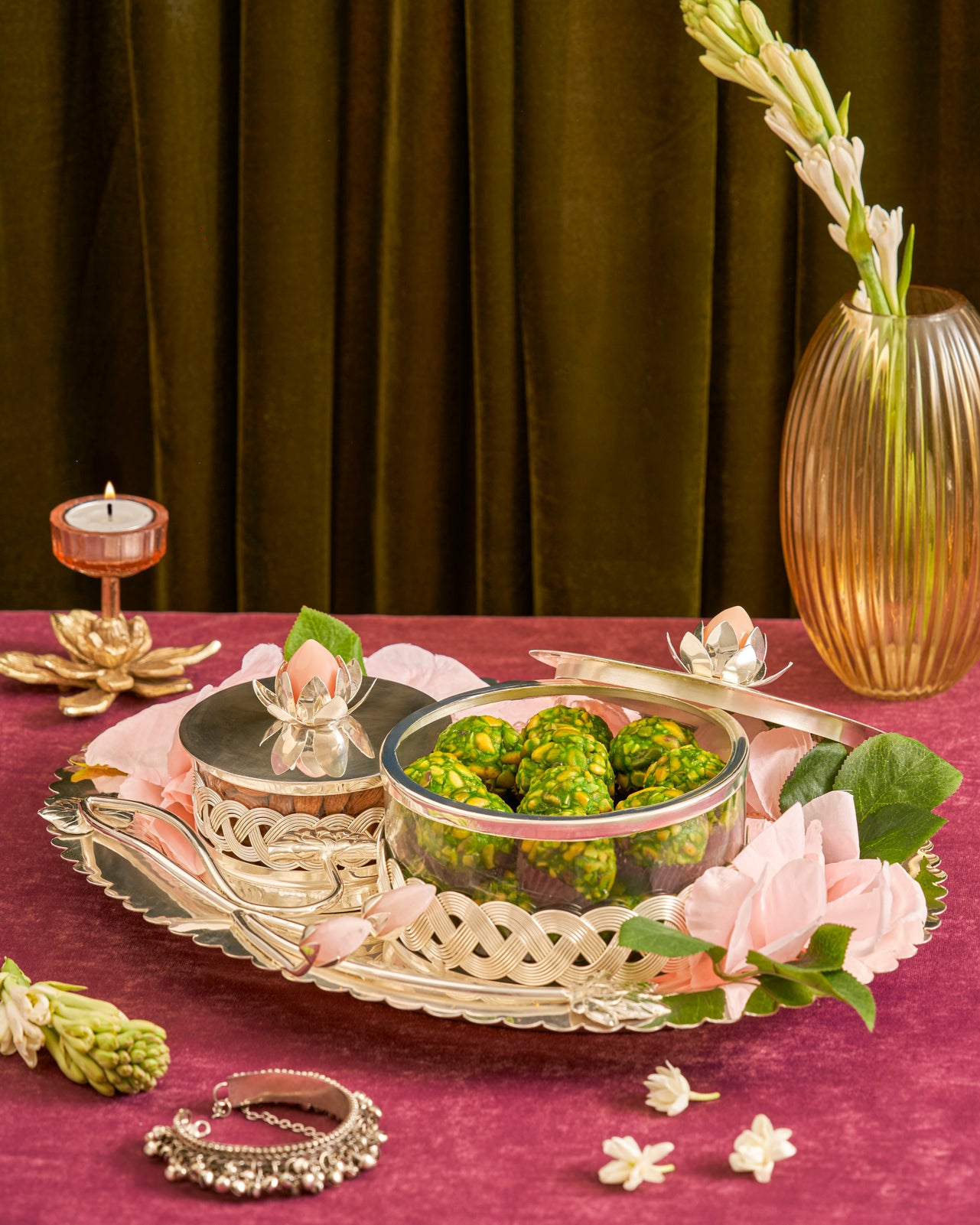 LUXURY LOTUS BUD OVAL TRAY 2 BOWLS FILL WITH SWEETS & DRY FRUITS