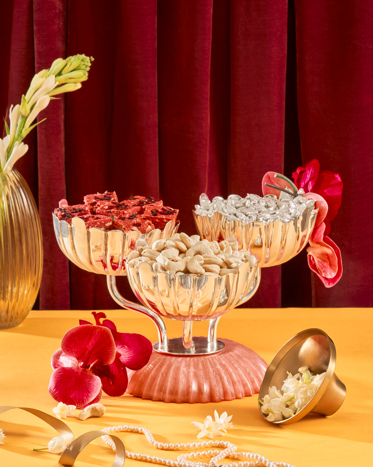 LUXURY CORAL GRACE 3 NUT BOWL FILLED WITH DRY FRUITS