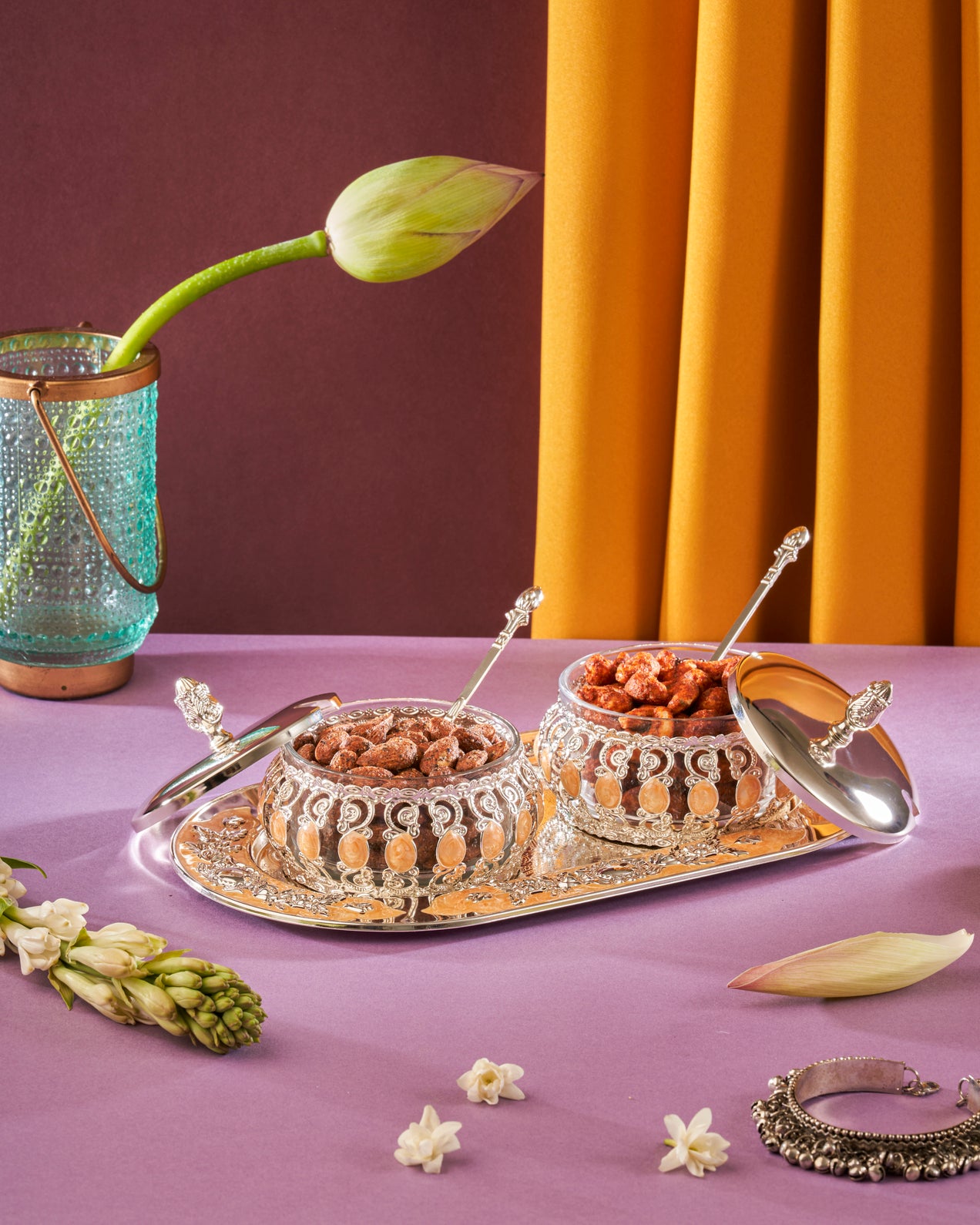 LUXURY BG COLOUR SILVER TRAY 2 BOWL FILLED WITH DRY FRUITS