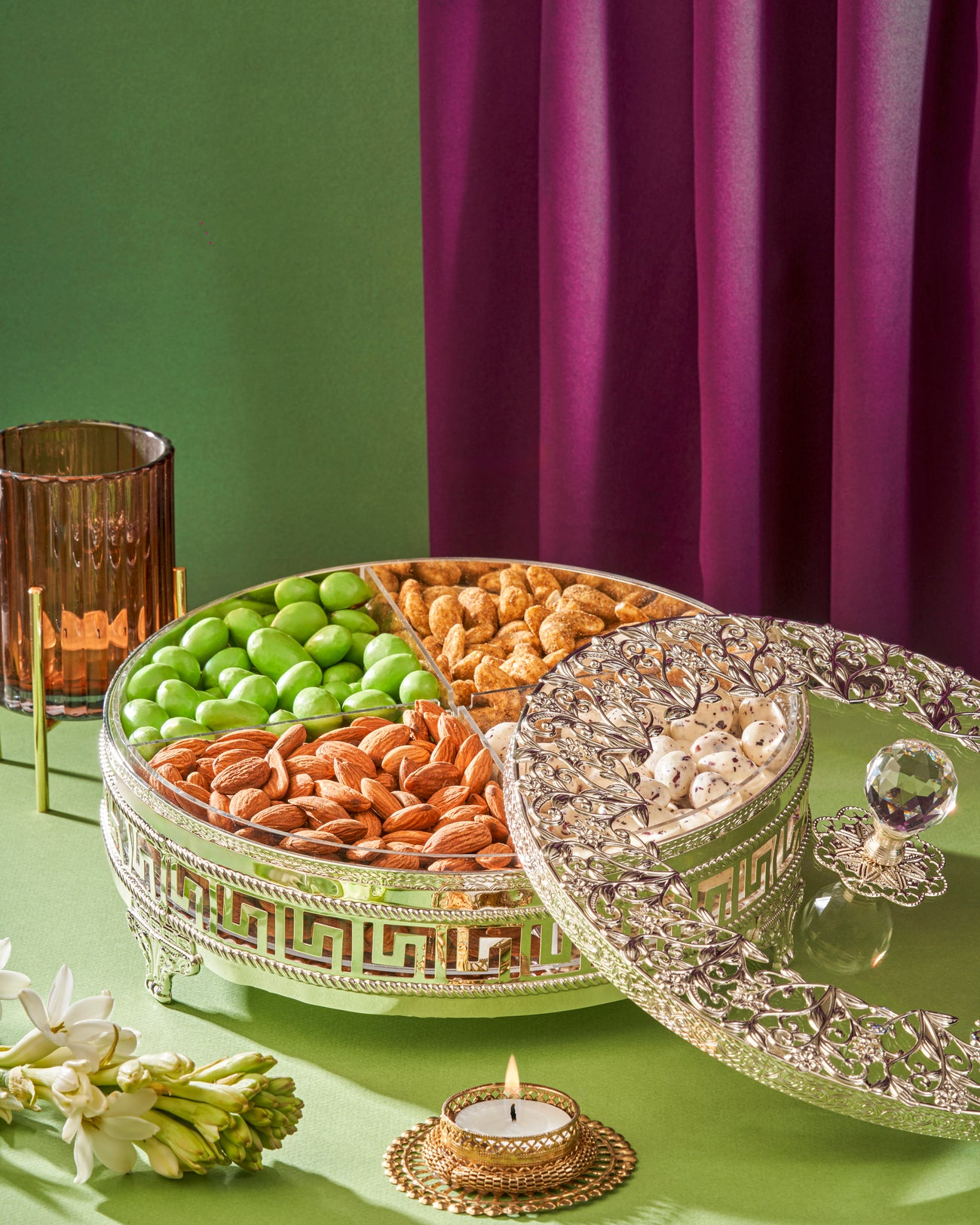 LUXURY ROUND SILVER 4 COLOUM BOX FILLED WITH DRY FRUITS
