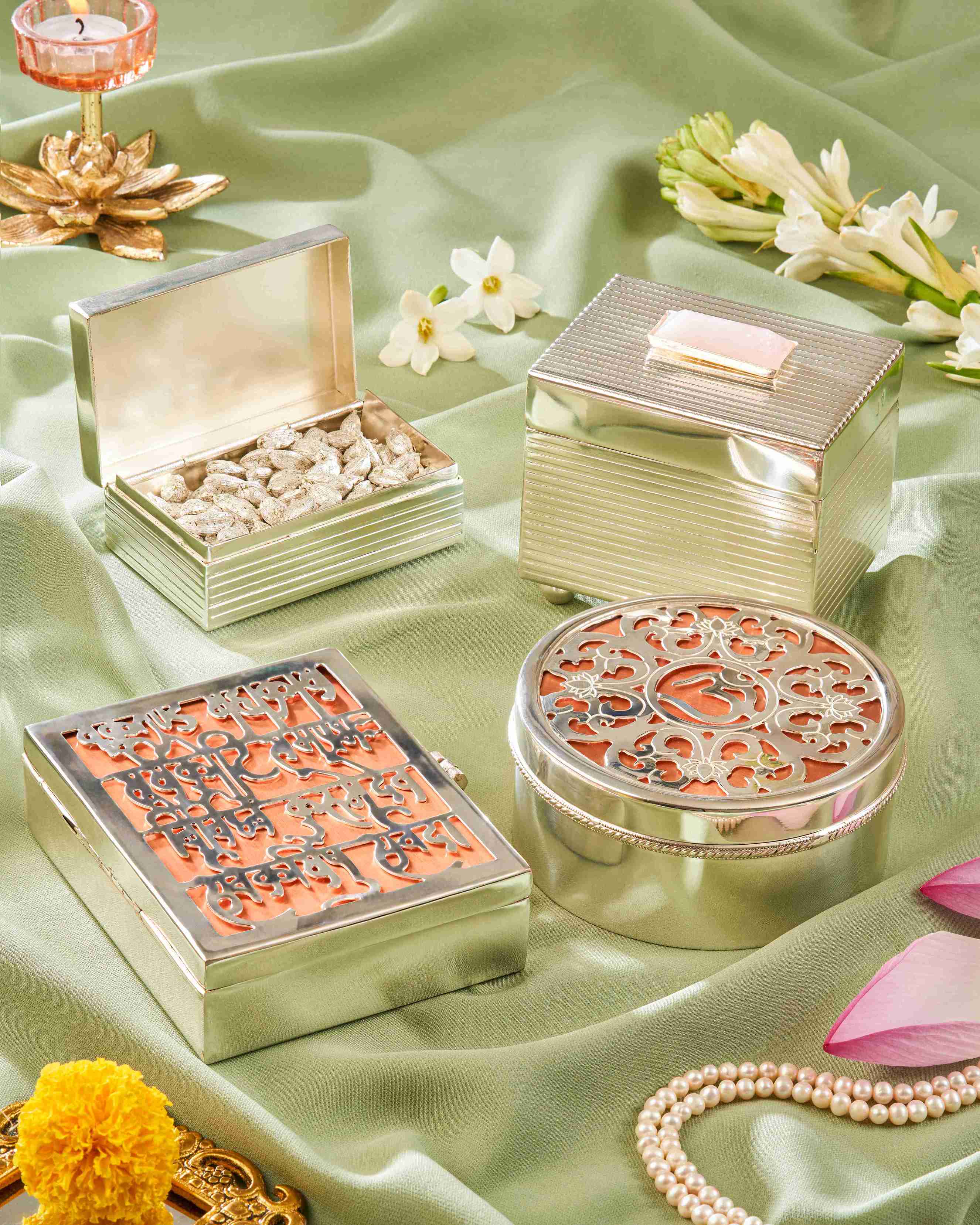 LUXURY SANSKRIT SHOLK BOX, OM BOX, SILVER COATED SMALL & BIG BOX.