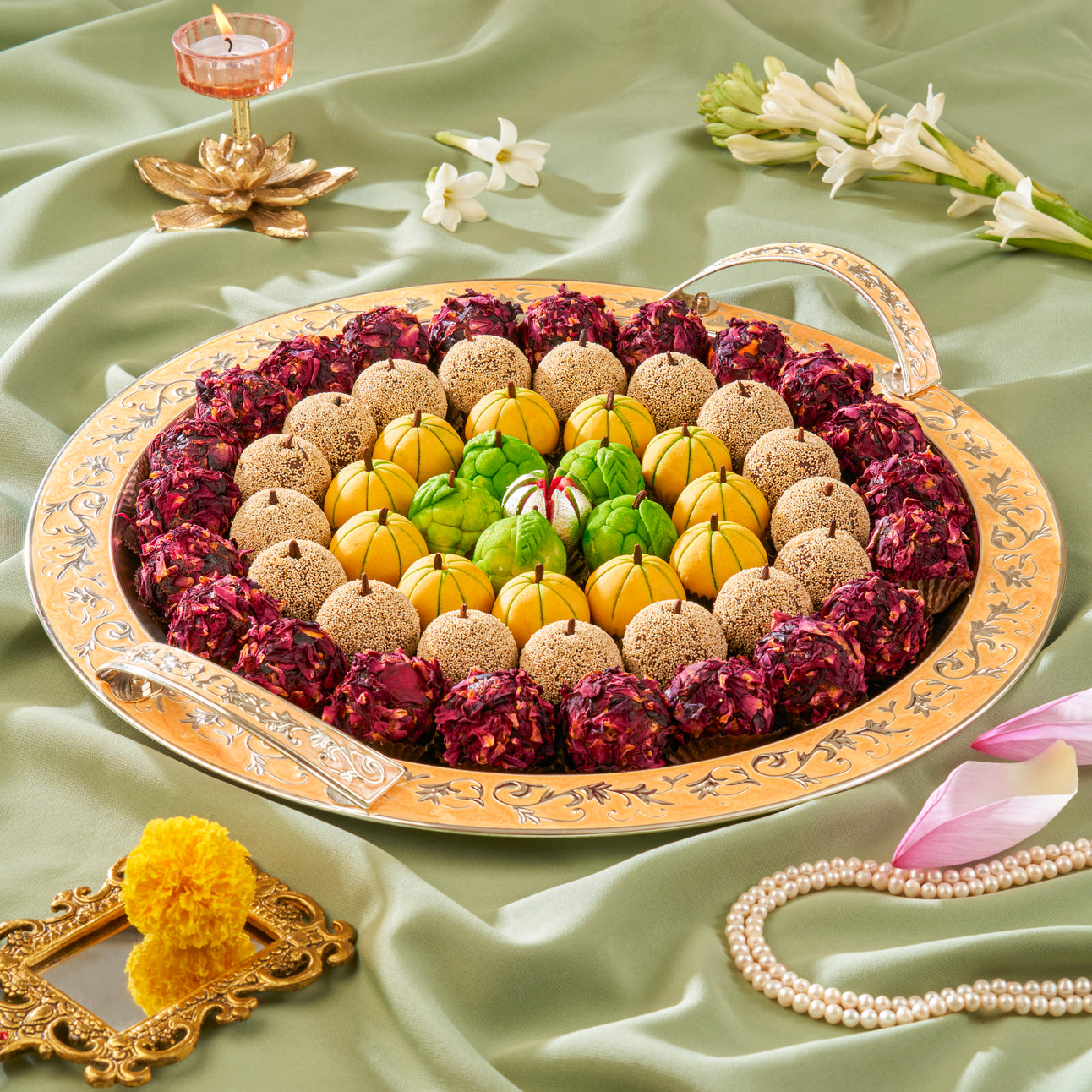 LUXURY SILVER LARGE ROUND TRAY FILLED WITH LADOO SWEETS