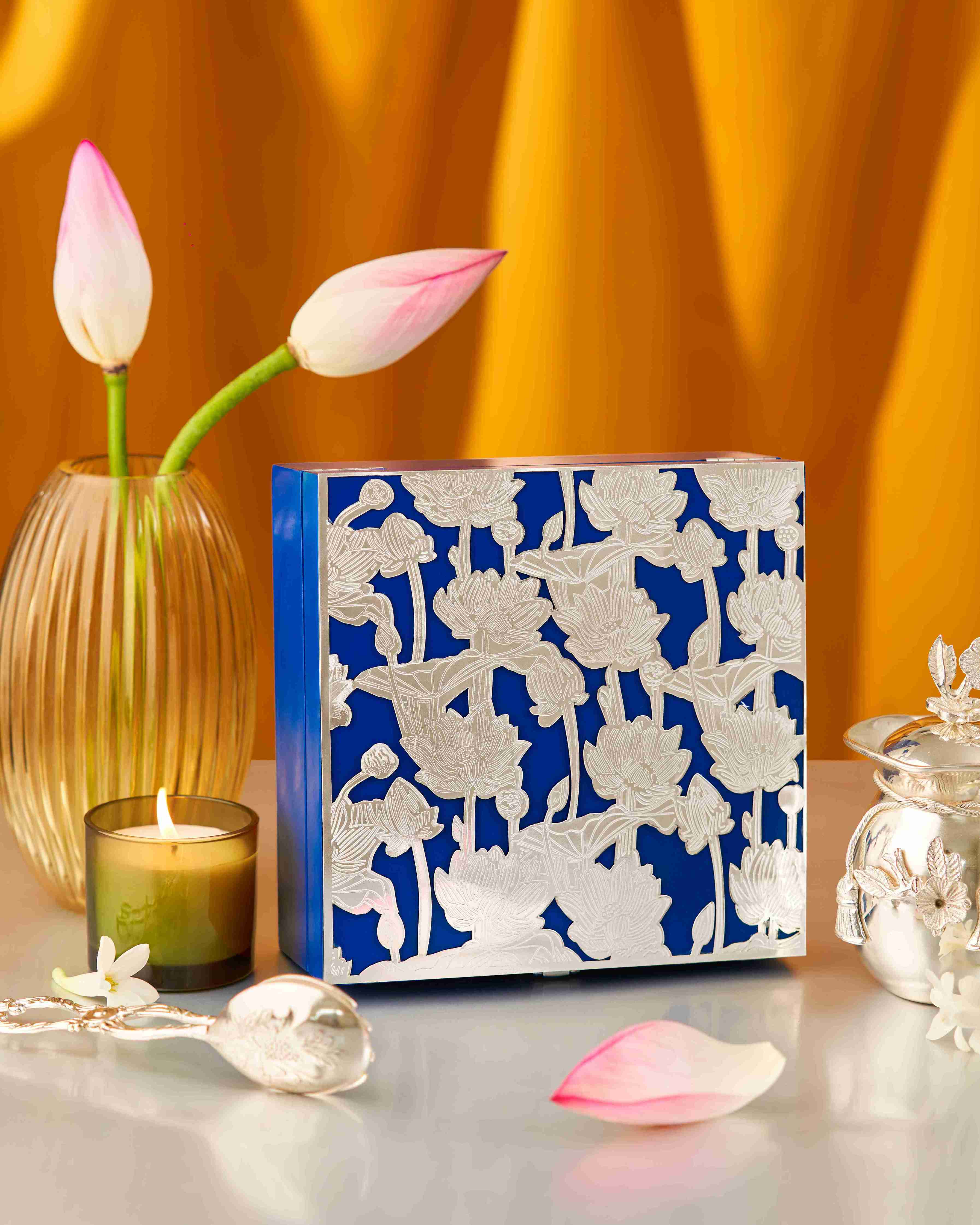 LUXURY SILVER COATED BLUE BOX FILLED WITH DRY FRUITS