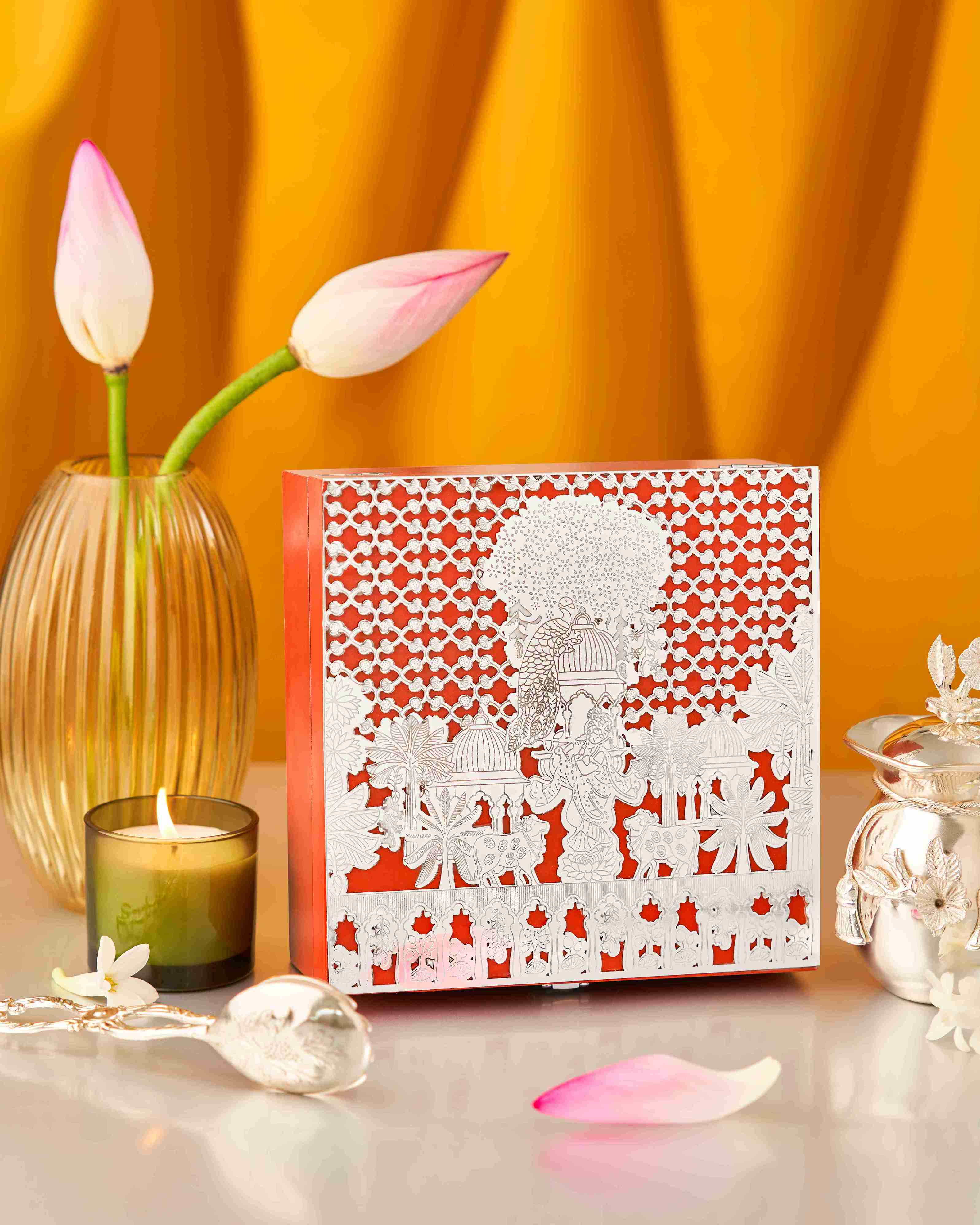 LUXURY SILVER COATED RED BOX FILLED WITH DRY FRUITS