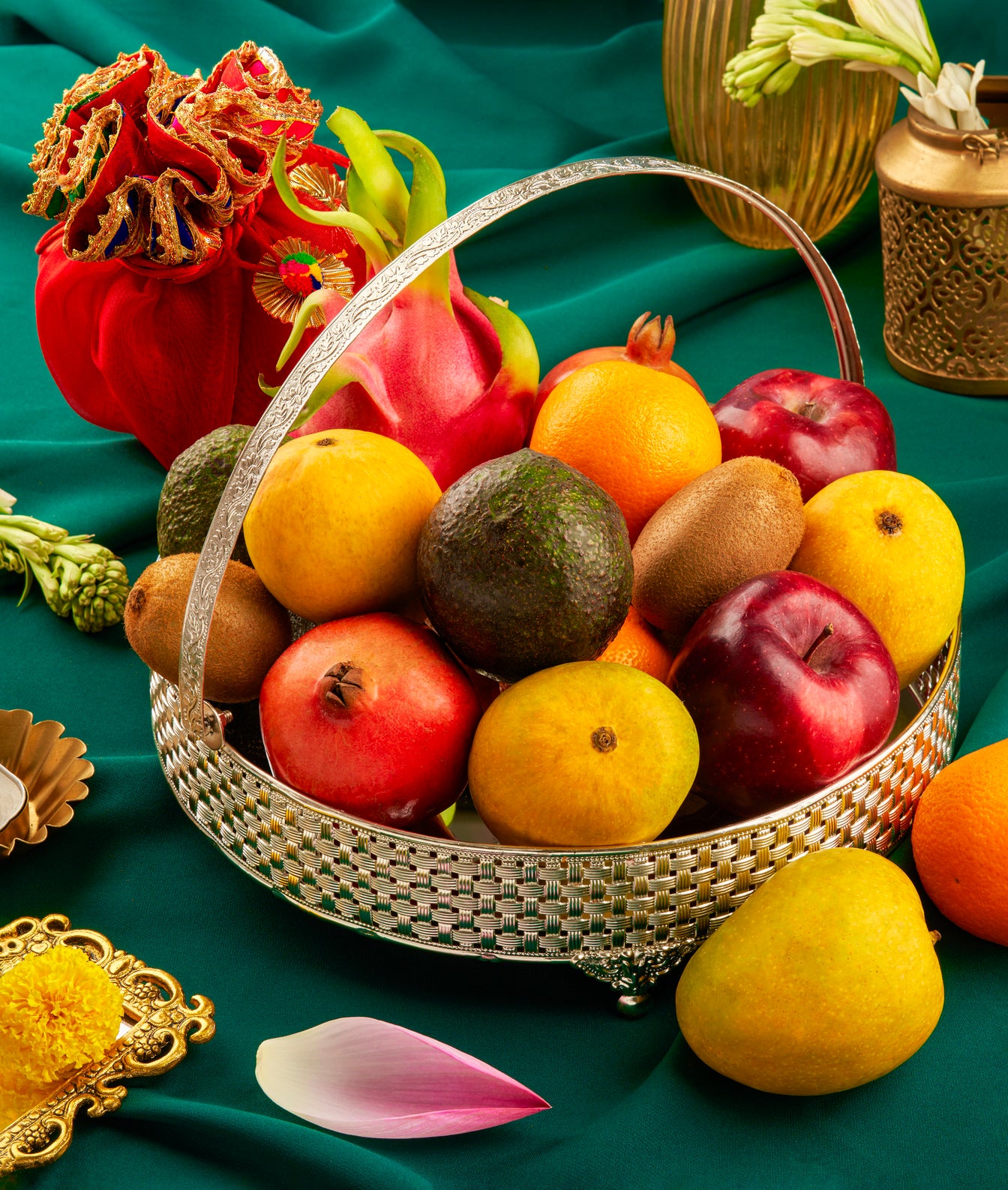 LUXURY FRUITS BASKET SILVER  ROUND WITH MIRROR
