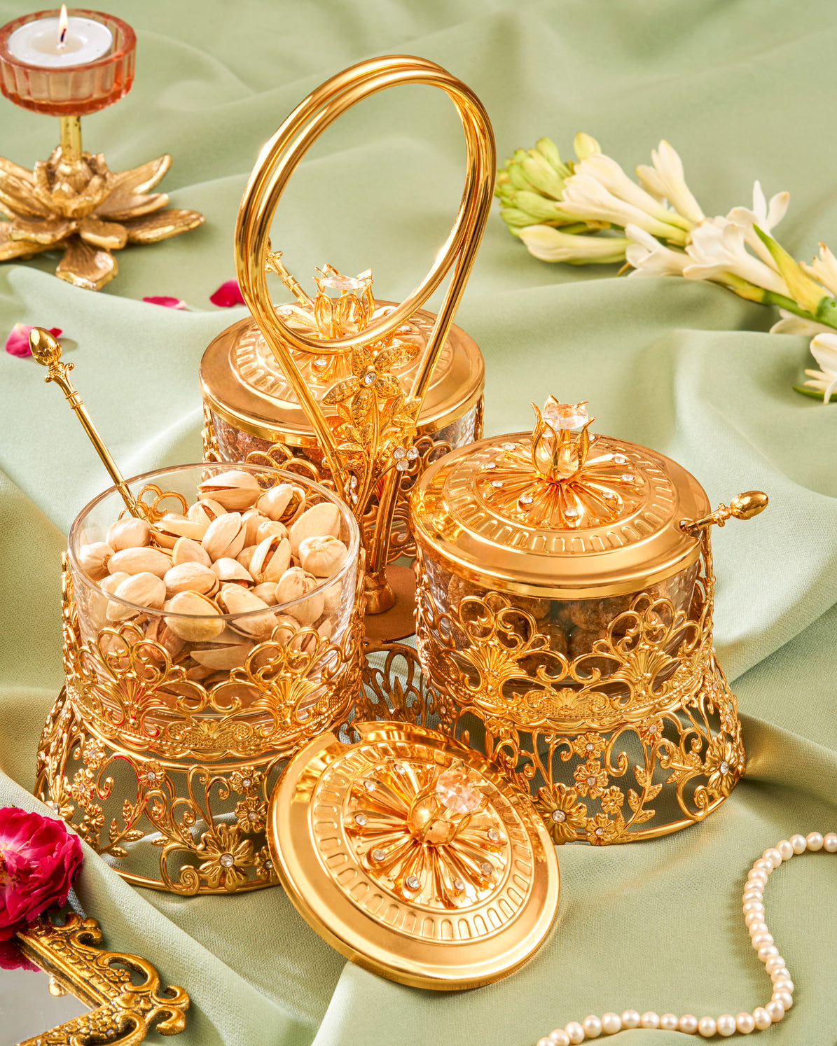 LUXURY GOLD PLATED 3 SET BOWL FILLED WITH DRY FRUITS