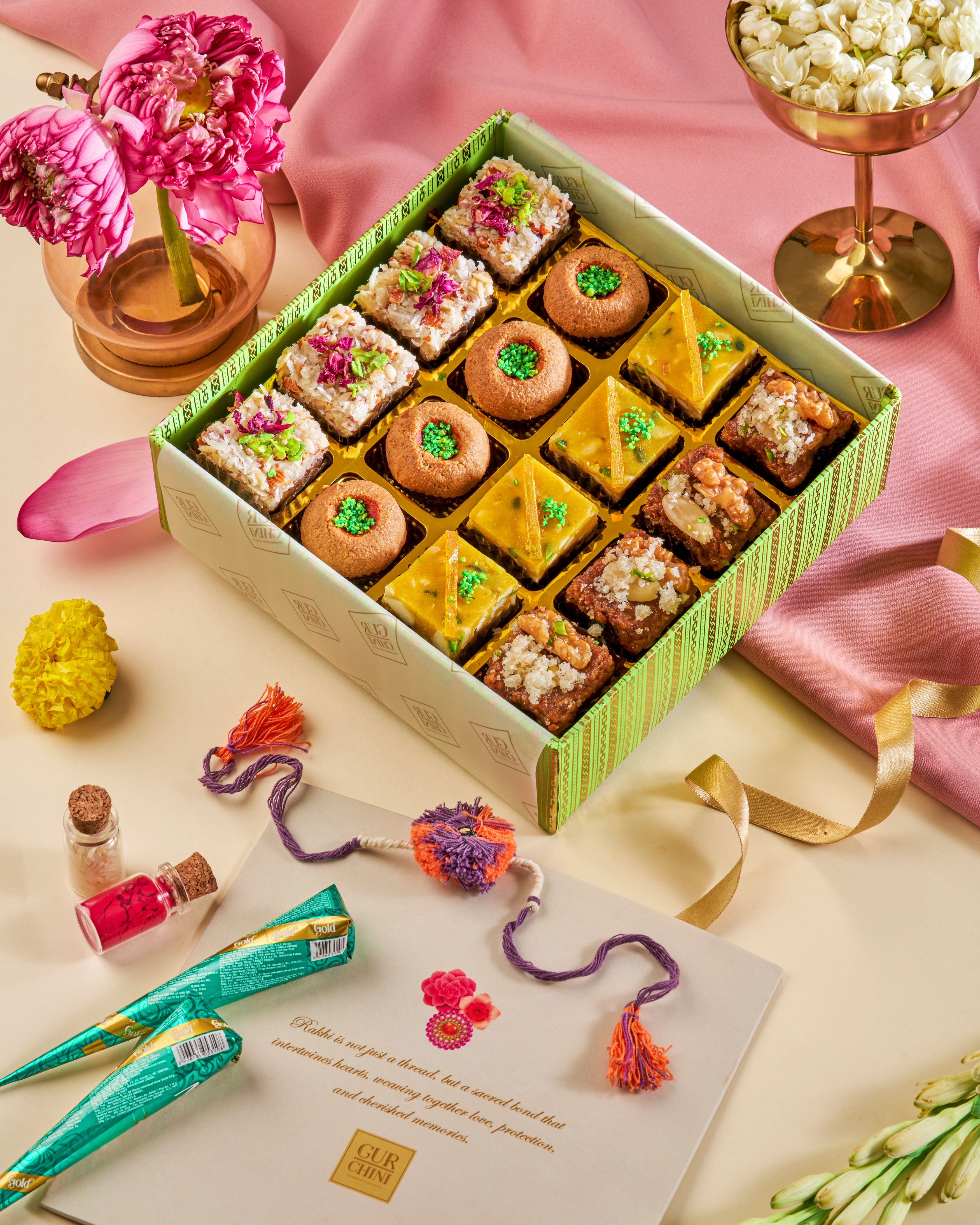 Rakhi Celebration Luxury Green Box With Assorted Sweets of 16 Pcs
