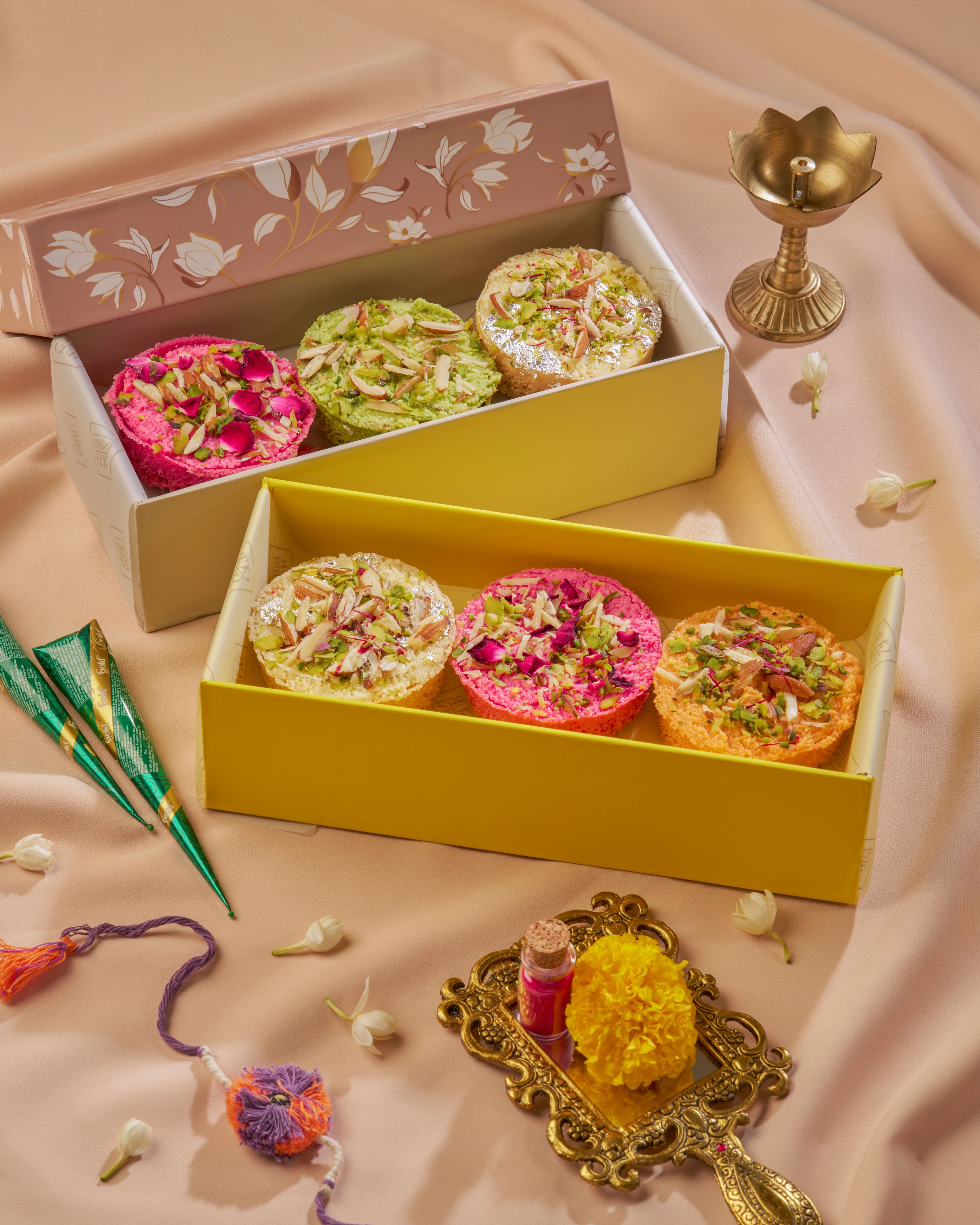 Luxury Box Yellow Flower of Assorted 3 Pcs Mini Ghewar