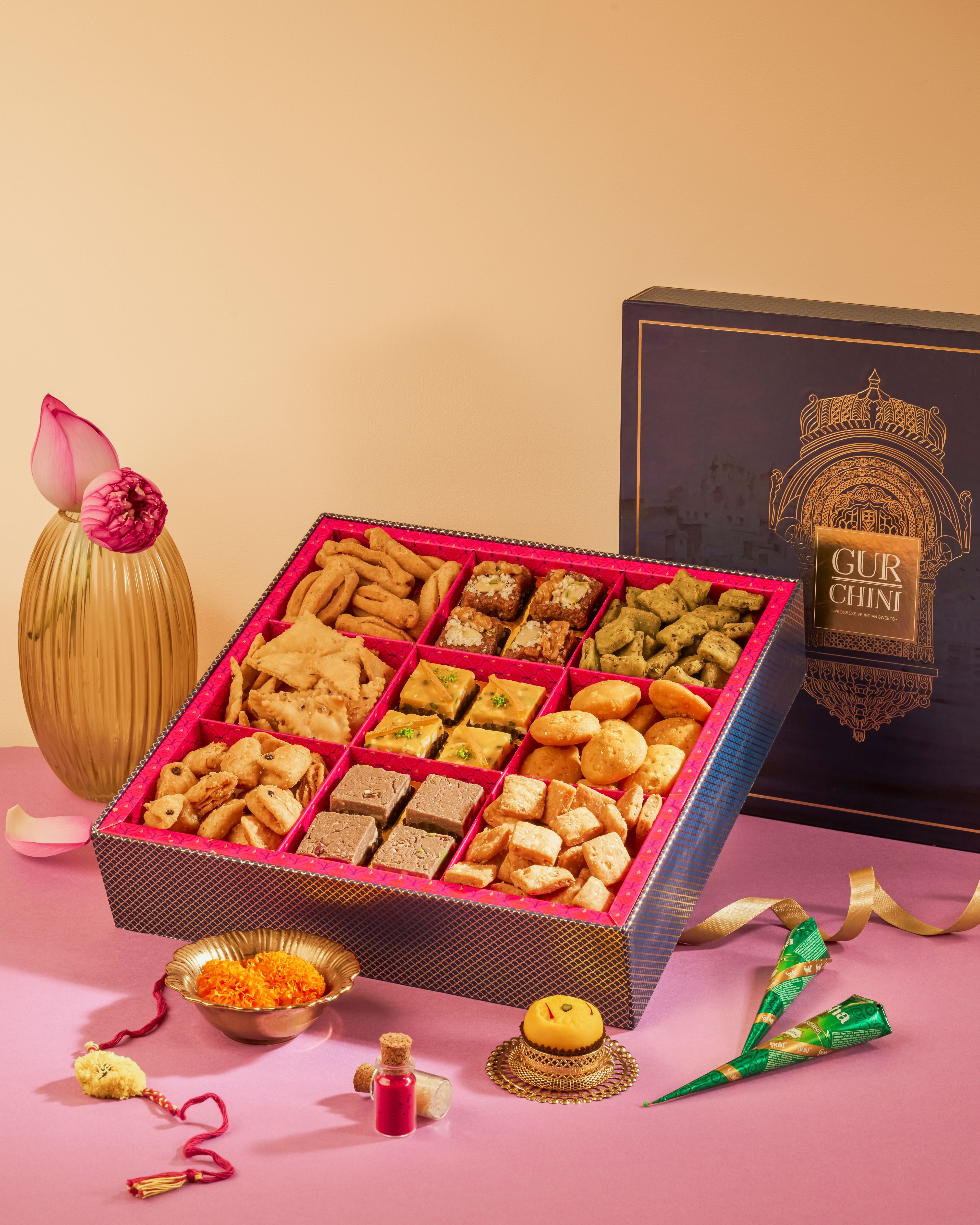 Diwali Special Luxury Blue Jharokha Assorted Sweets & Bhaji Box.