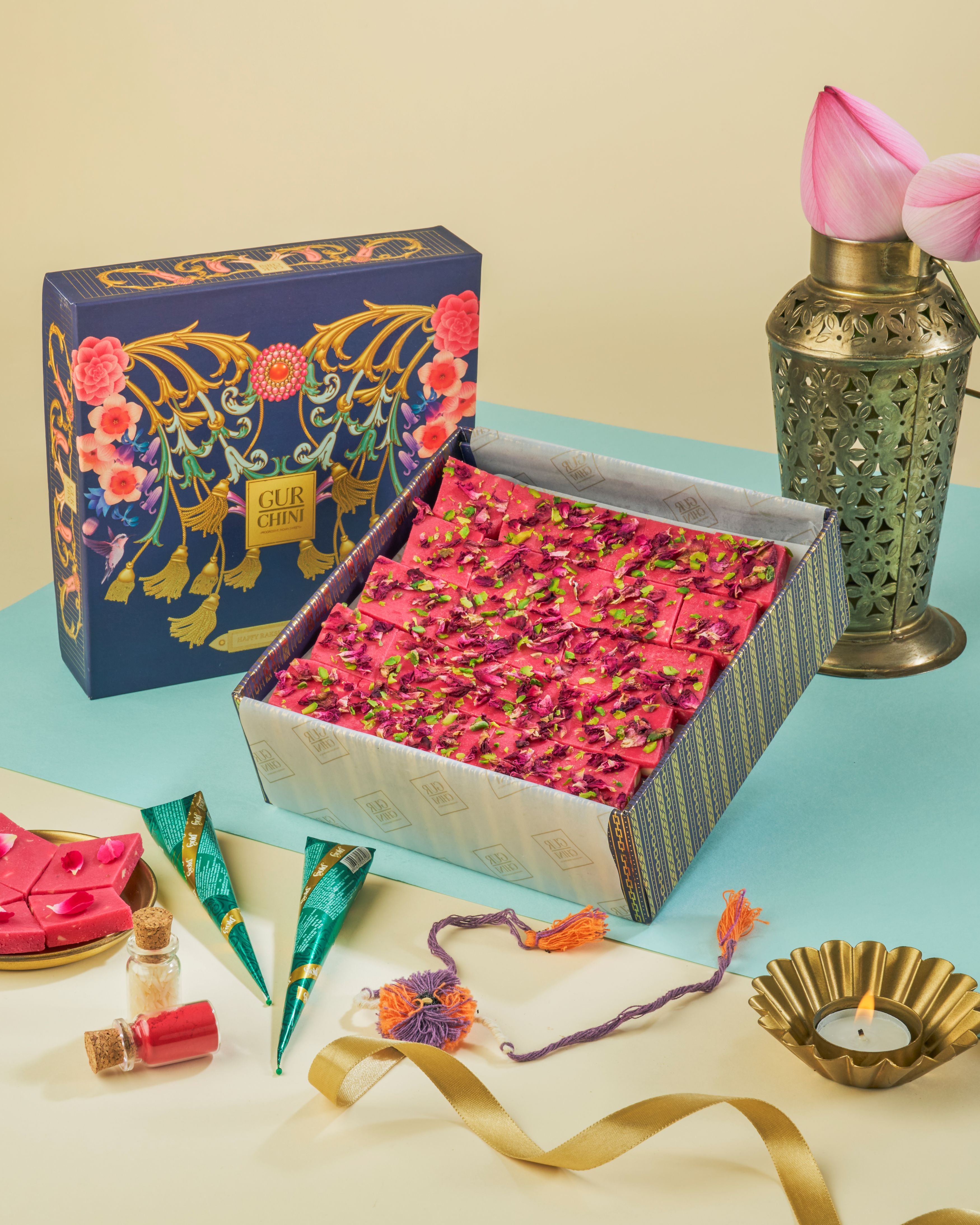 Rakhi Celebration Luxury Blue Box With Rose katli